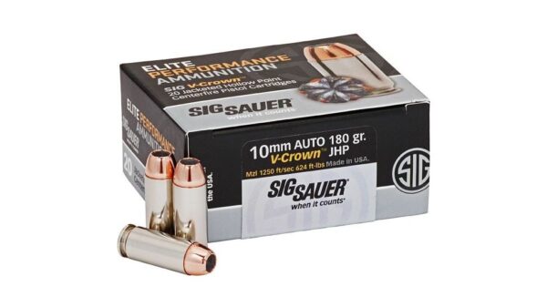 opplanet sig sauer elite v crown pistol ammunition 10mm auto 180 grain jacketed hollow point 20 rounds box brass e10mm1 20 main