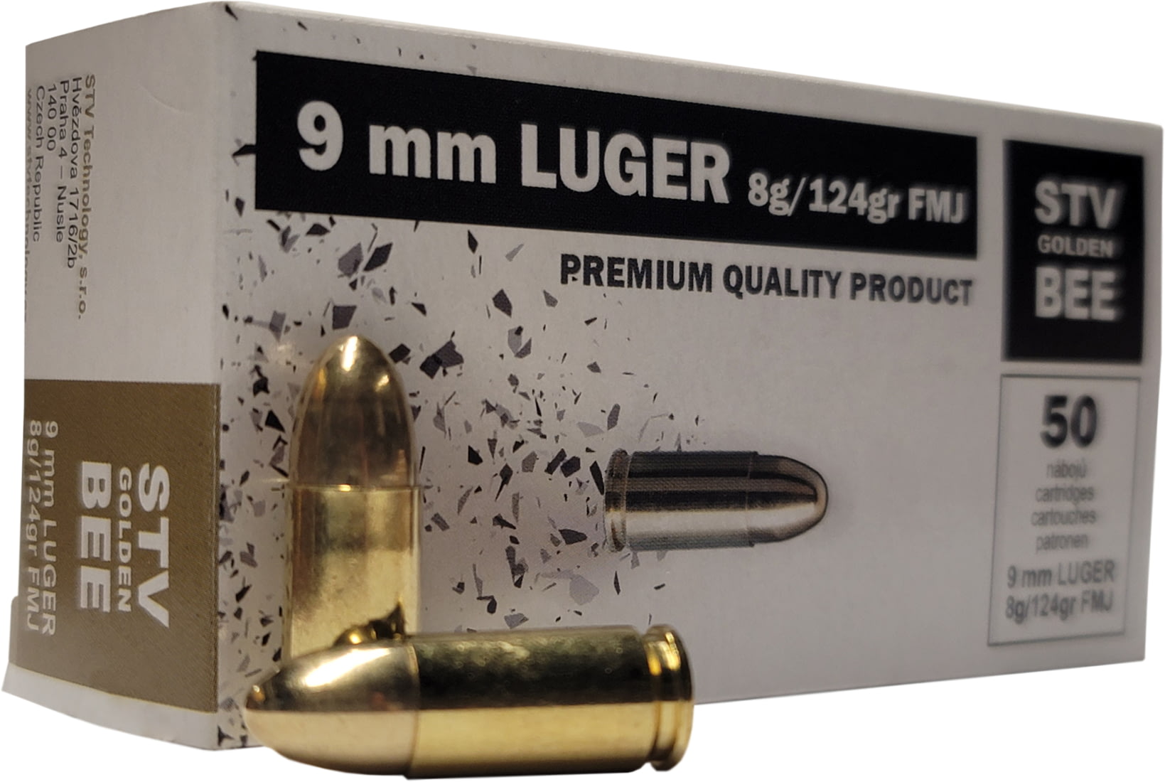 opplanet stv golden bee 9mm luger 124 grain full metal jacket brass cased centerfite pistol ammo 50 rounds s9a main