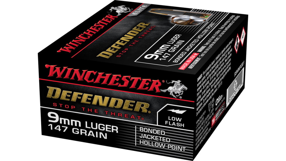 opplanet winchester defender handgun 9mm luger 147 grain bonded jacketed hollow point brass cased centerfire pistol ammo 20 rounds s9mmpdb1 av 1
